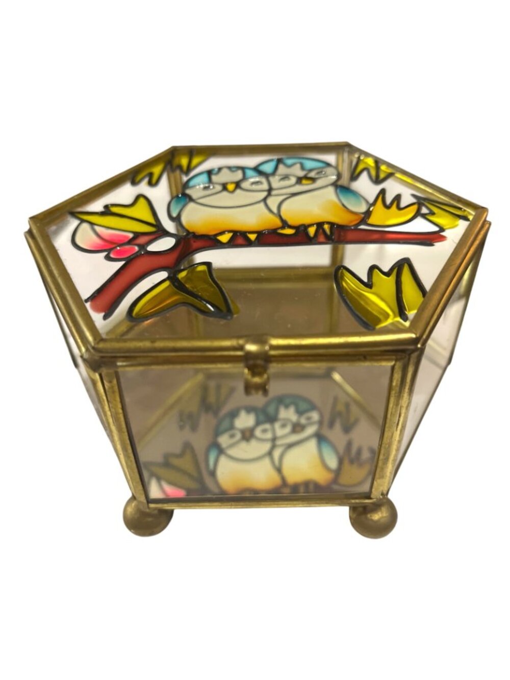 Hexagonal Stained Glass Jewelry Box With Owl Design & Brass Accents - Picture 4 of 7
